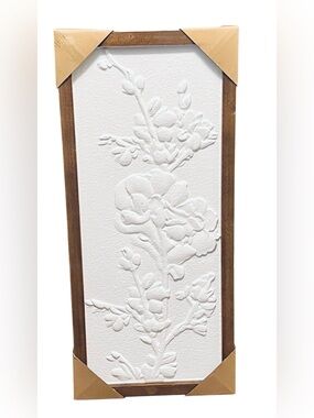 NWOT • White Ceramic Embossed Floral Wall Panel with Wood Frame • 9” x 22”